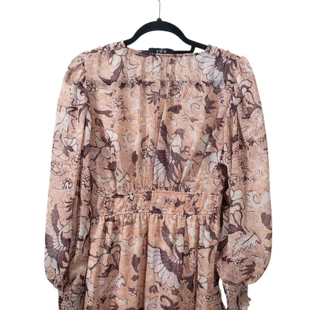 Anthropologie O.P.T Floral Birds Boho Prairie Dress SZ S Cream Brown Fall - Picture 3 of 11